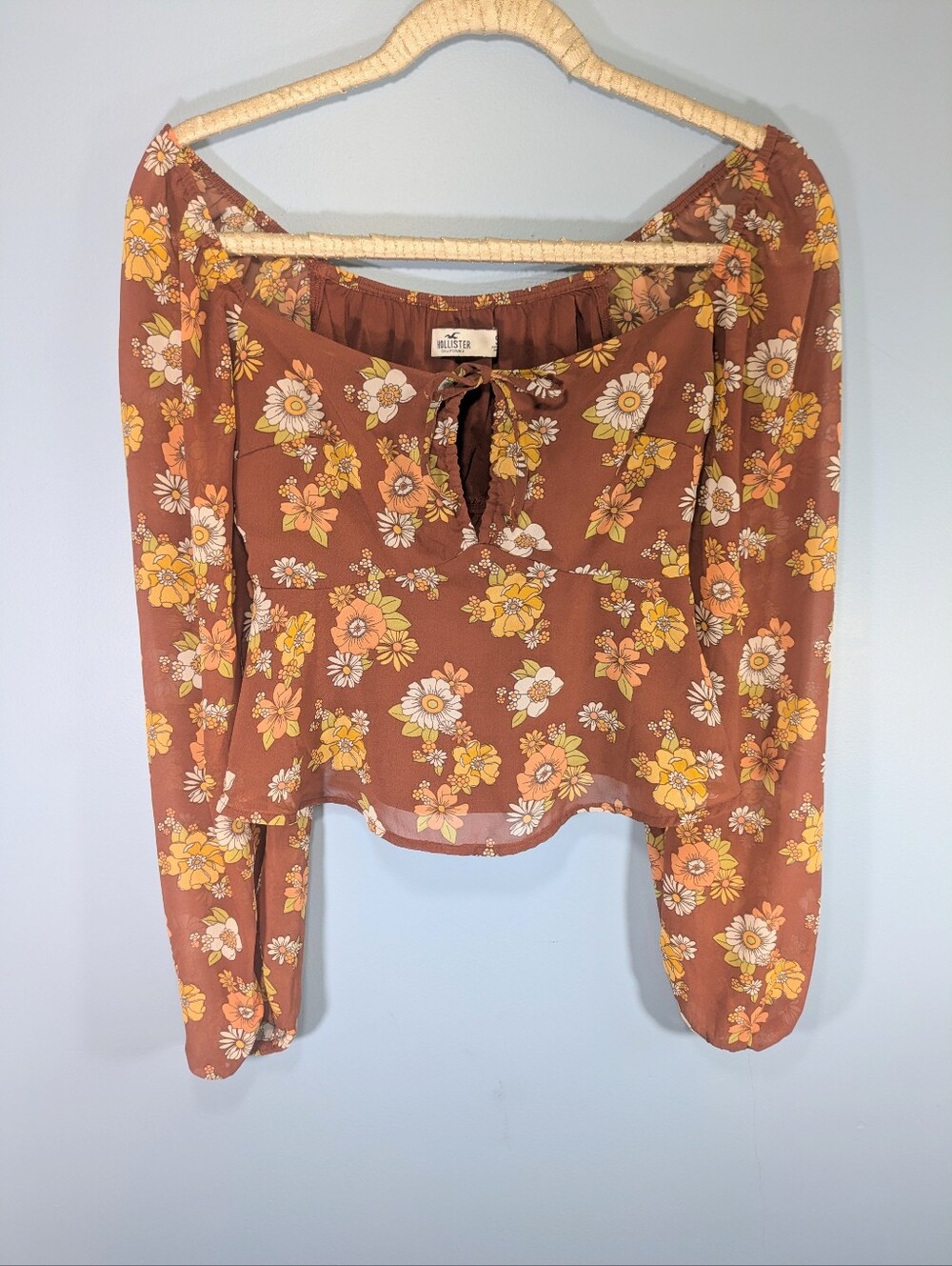 Hollister Brown Retro Floral Off Shoulder Long Sleeved Babydoll Top